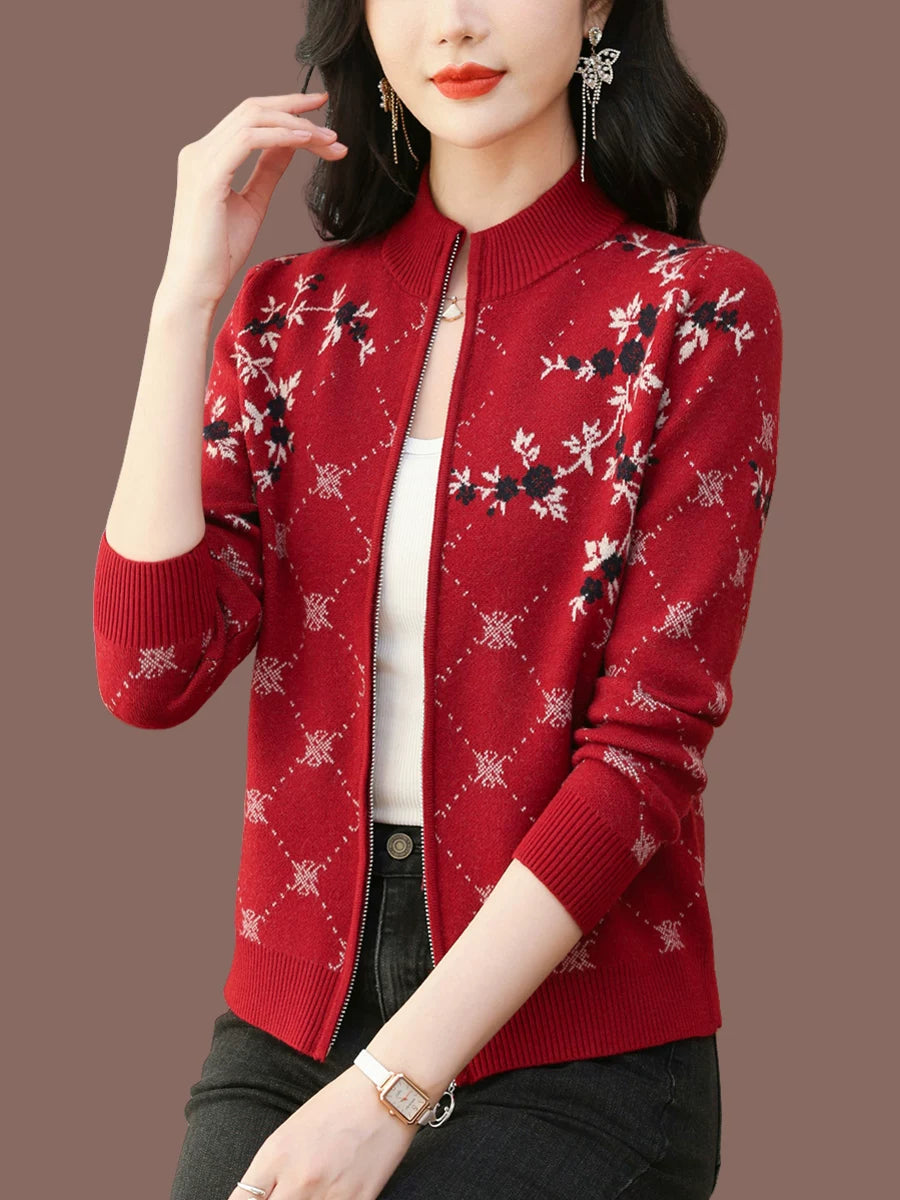 Floral Jacquard Zip-Front Cardigan, Small Stand Collar