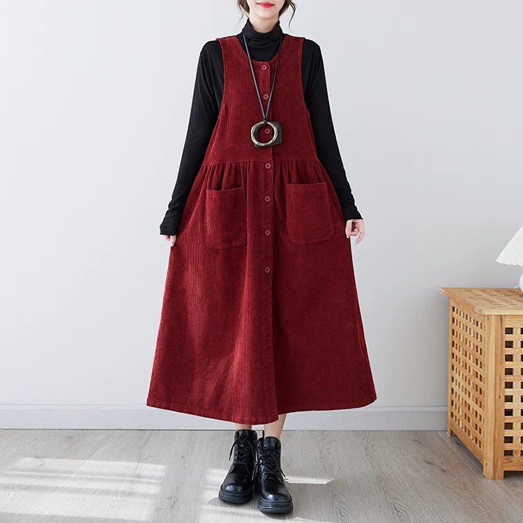 Corduroy Midi Dress with Patch Pockets & Button Front