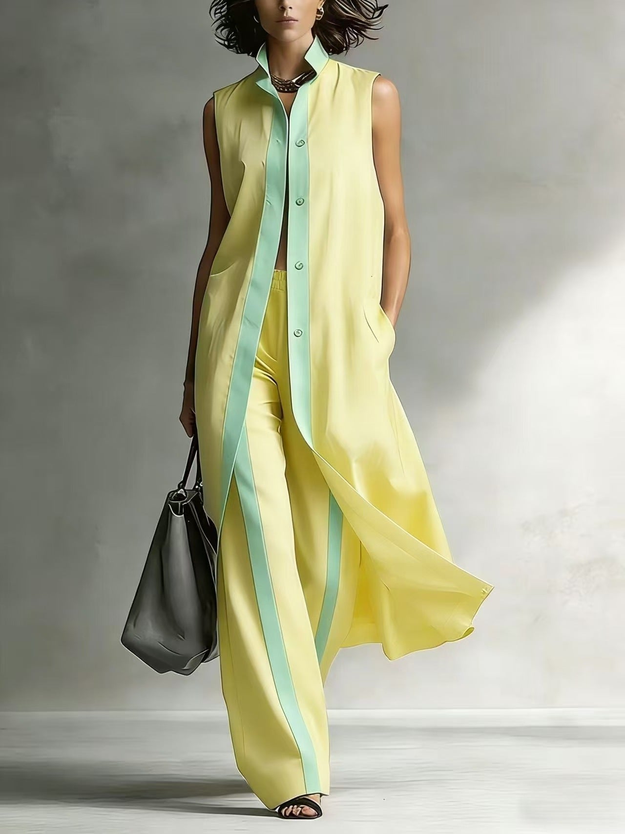Relaxed Two-Piece Set with Stand Collar & Contrast Piping