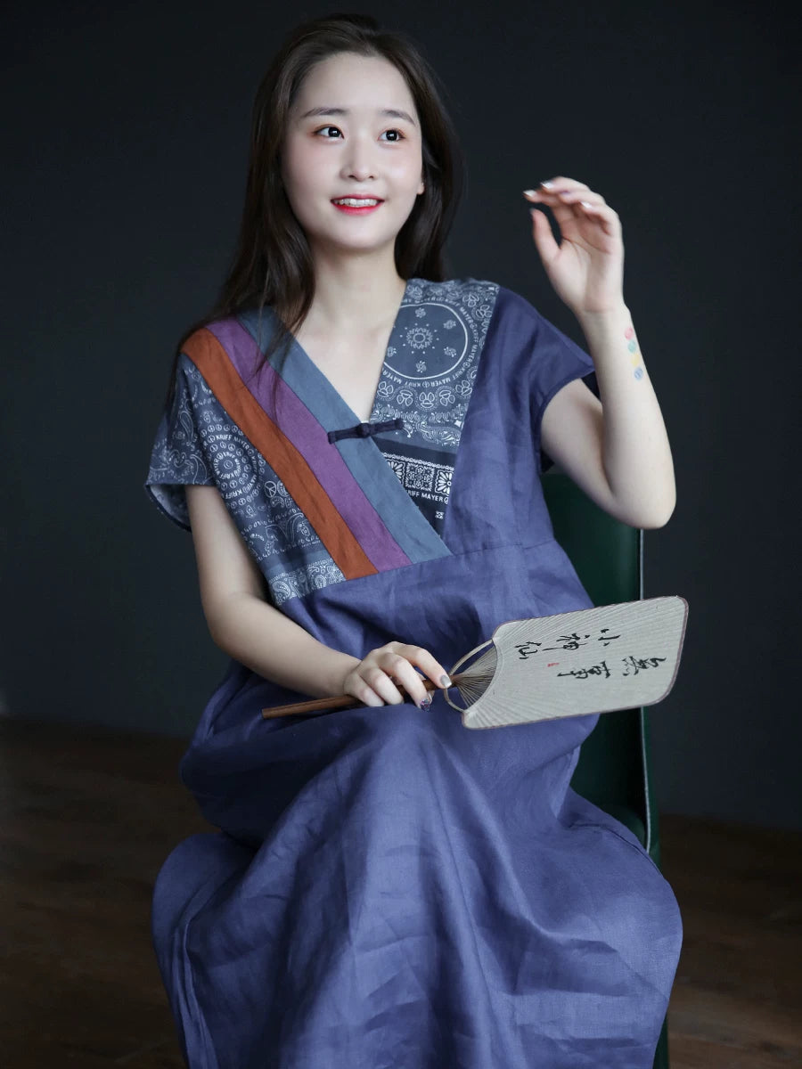 Relaxed Linen-Cotton Midi Dress with Frog Buttons