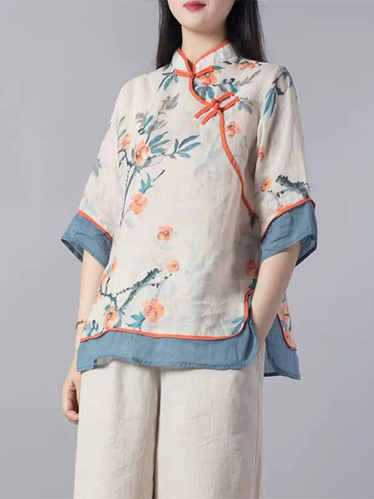 Floral Print Cotton Linen Three Quarter Sleeve Shirt