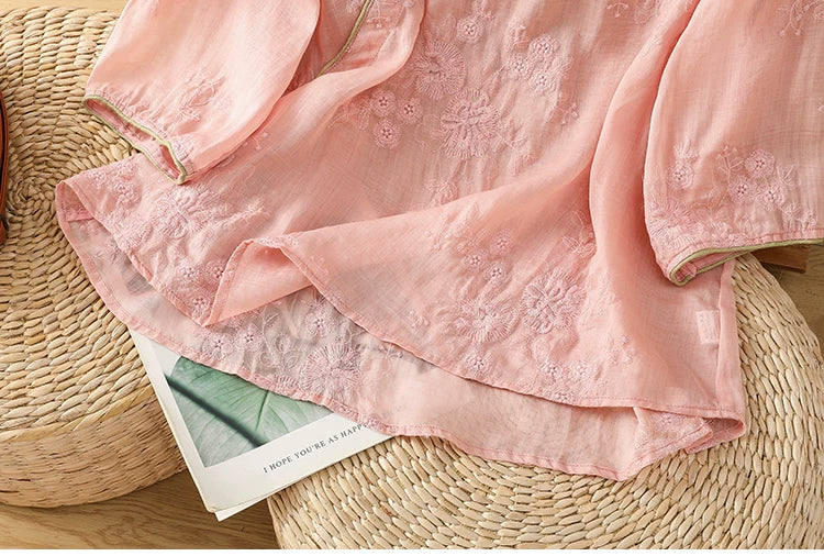 Embroidered Cotton Linen Three Quarter Sleeve Shirt