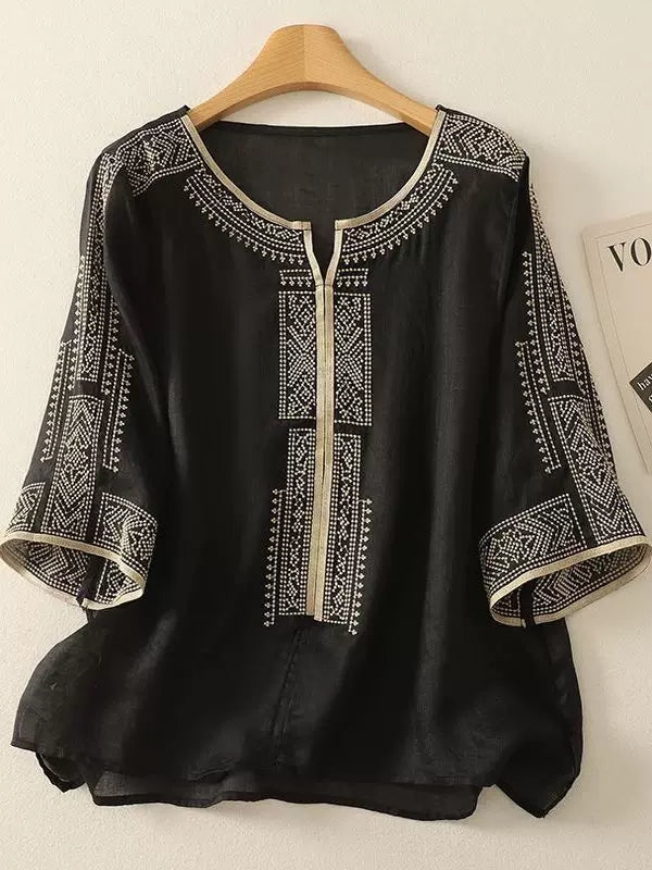 Embroidered Relaxed Top with Front Slit