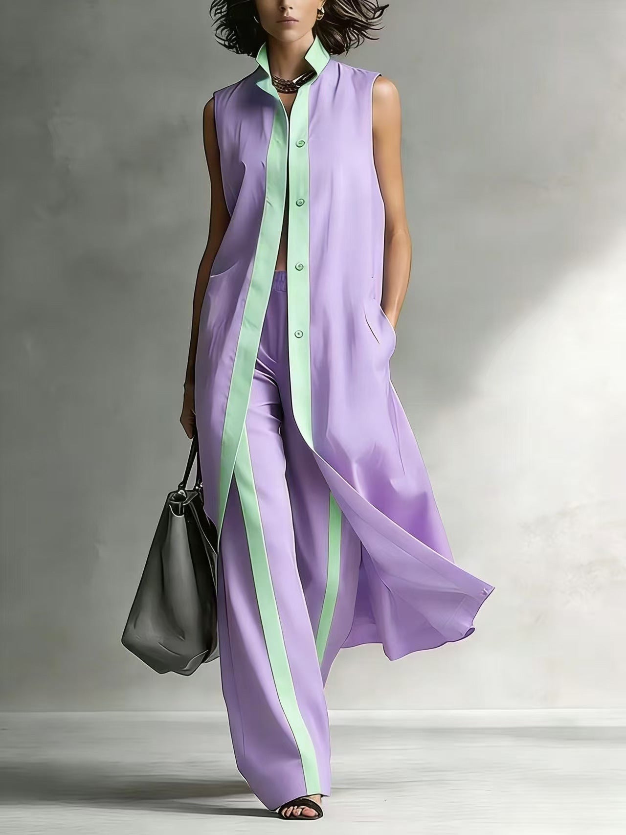 Relaxed Two-Piece Set with Stand Collar & Contrast Piping