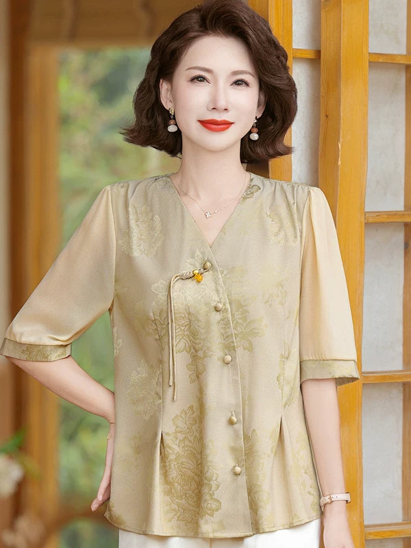 Silk Short-Sleeve Blouse Set in Classic Colors
