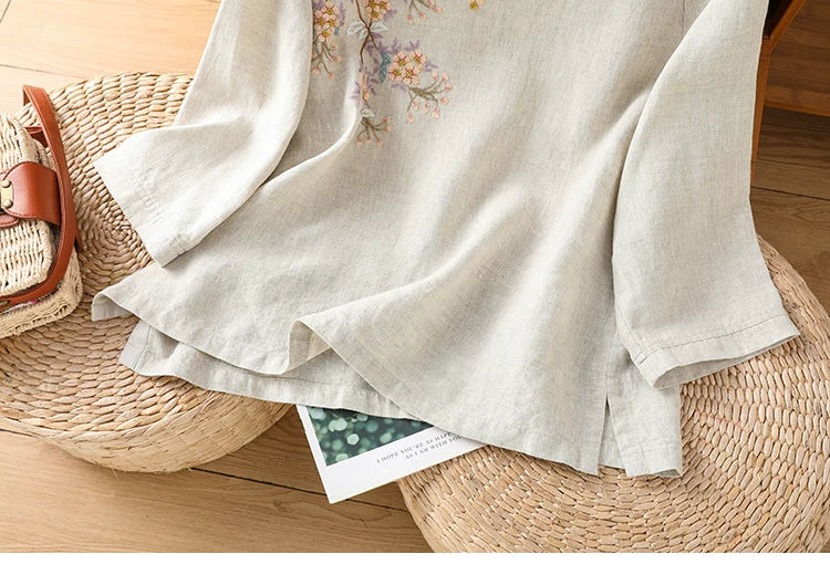 Embroidered Cotton Linen Three Quarter Sleeve Shirt