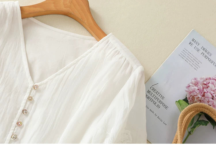 Embroidered Three Quarter Sleeve V-Neck Blouse