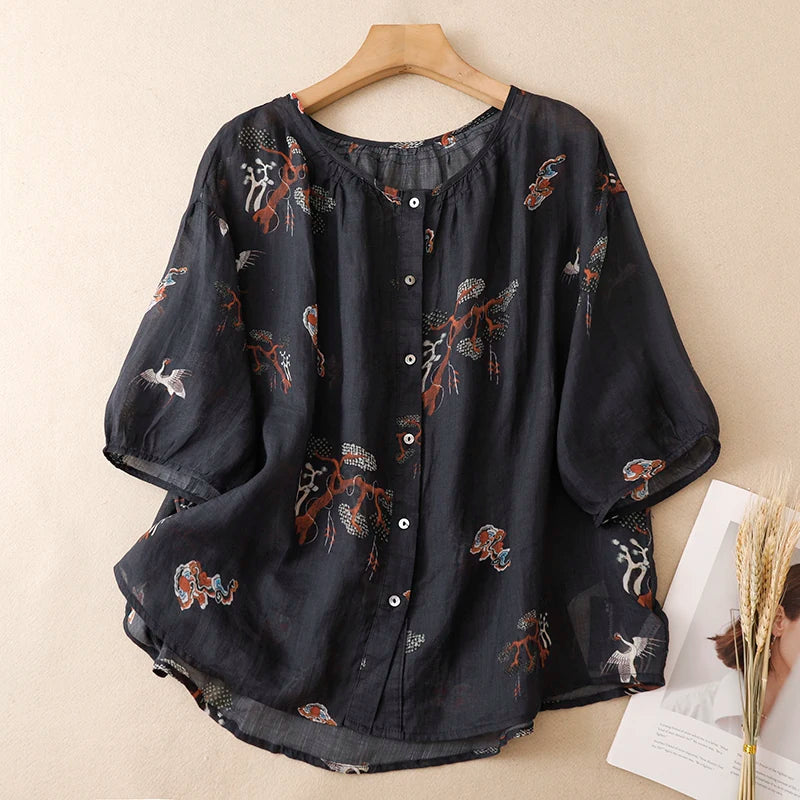Crane Print Cotton Linen Half Sleeve Shirt