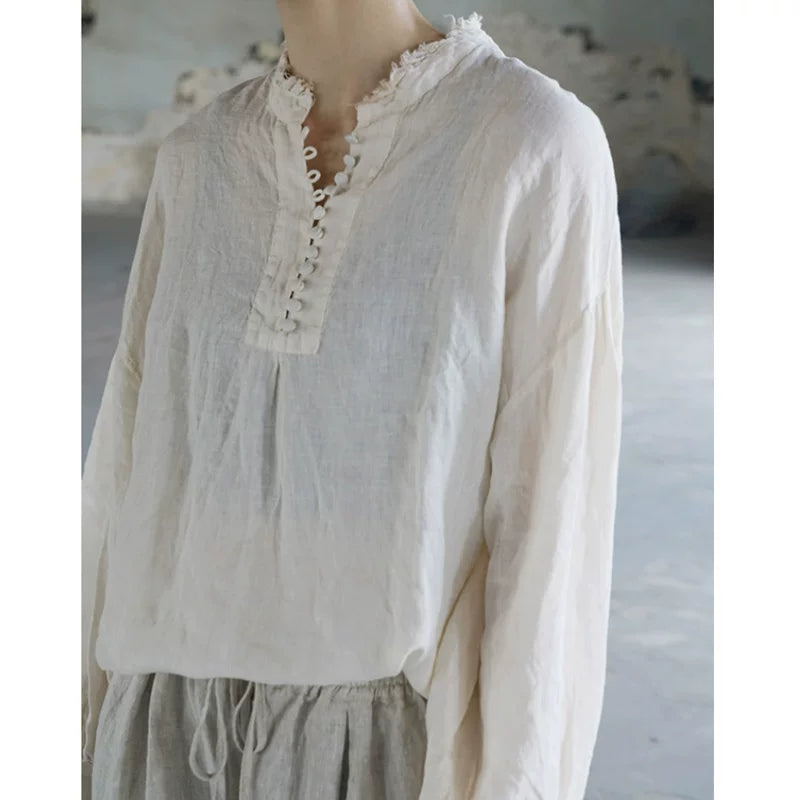 French Style Linen Top with Small Stand Collar