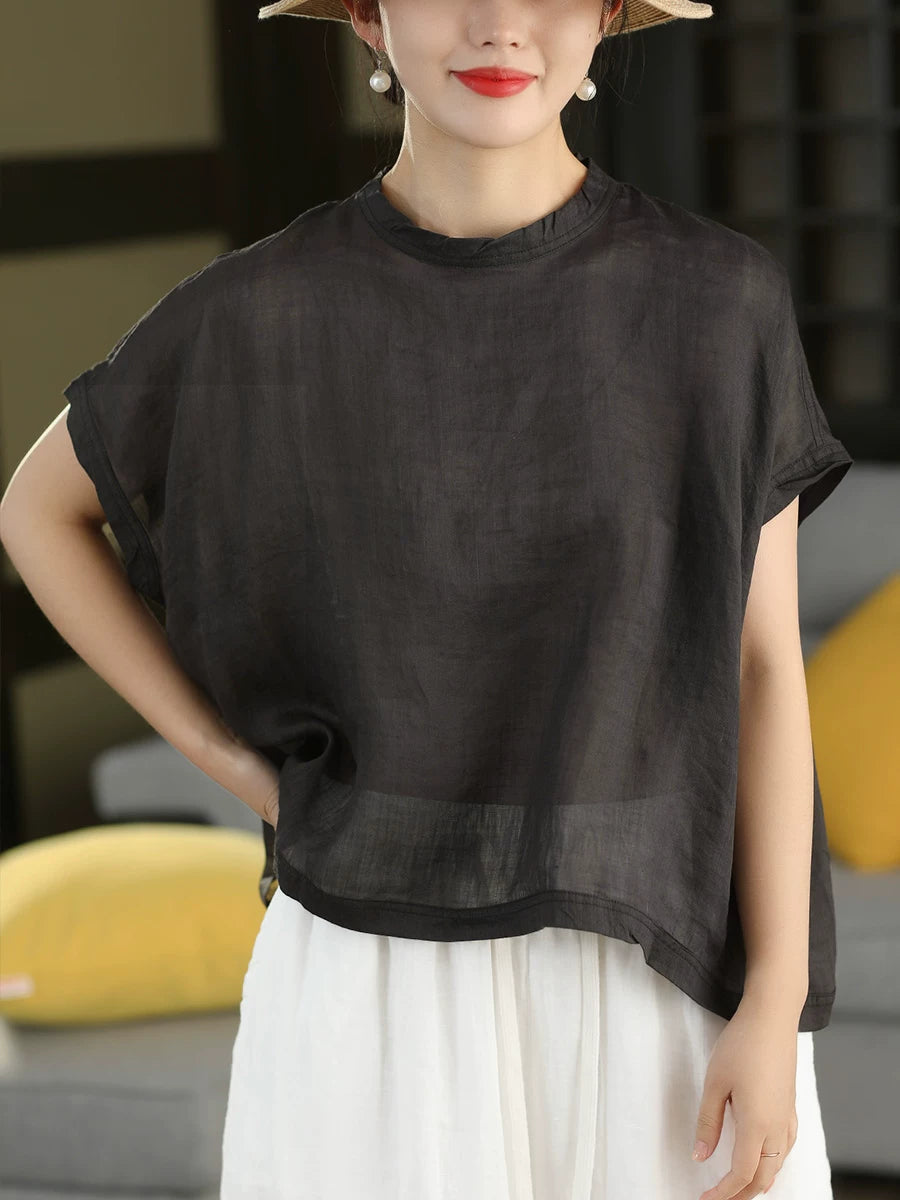 100% Ramie Top with Floral Print & Small Stand Collar