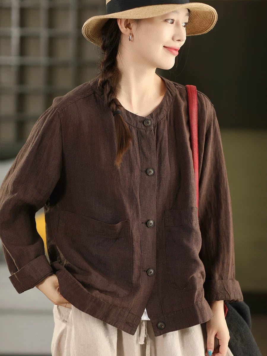 100% Linen Button-Front Top with Patch Pockets
