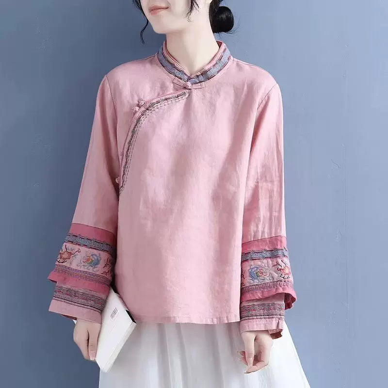 Embroidered Long Sleeve Shirt, Cotton Linen, Rounded Neckline