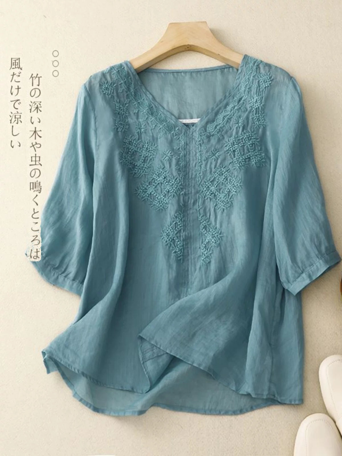 Embroidered Cotton Linen Three Quarter Sleeve Shirt