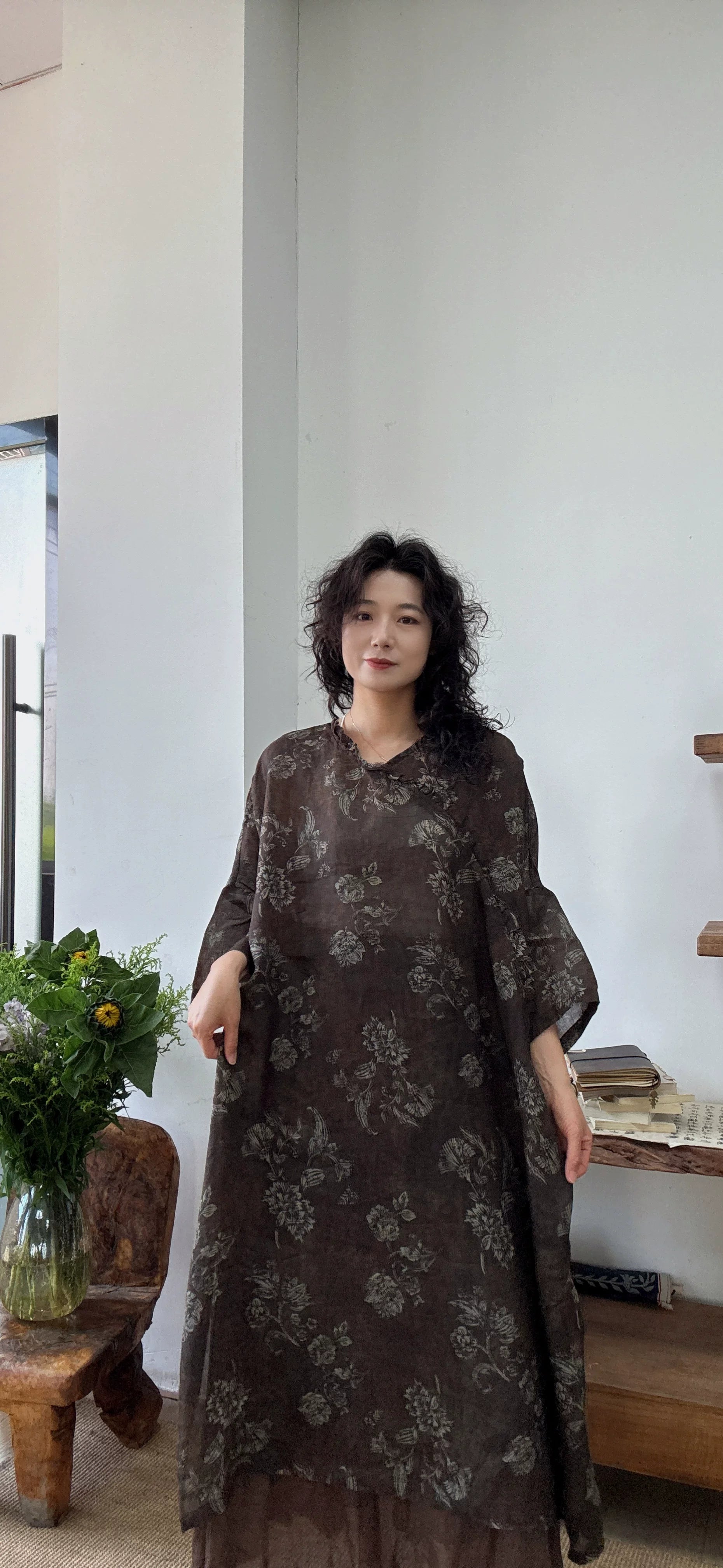 Relaxed Linen Midi Dress with Subtle Print
