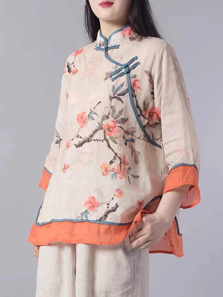 Floral Print Cotton Linen Three Quarter Sleeve Shirt