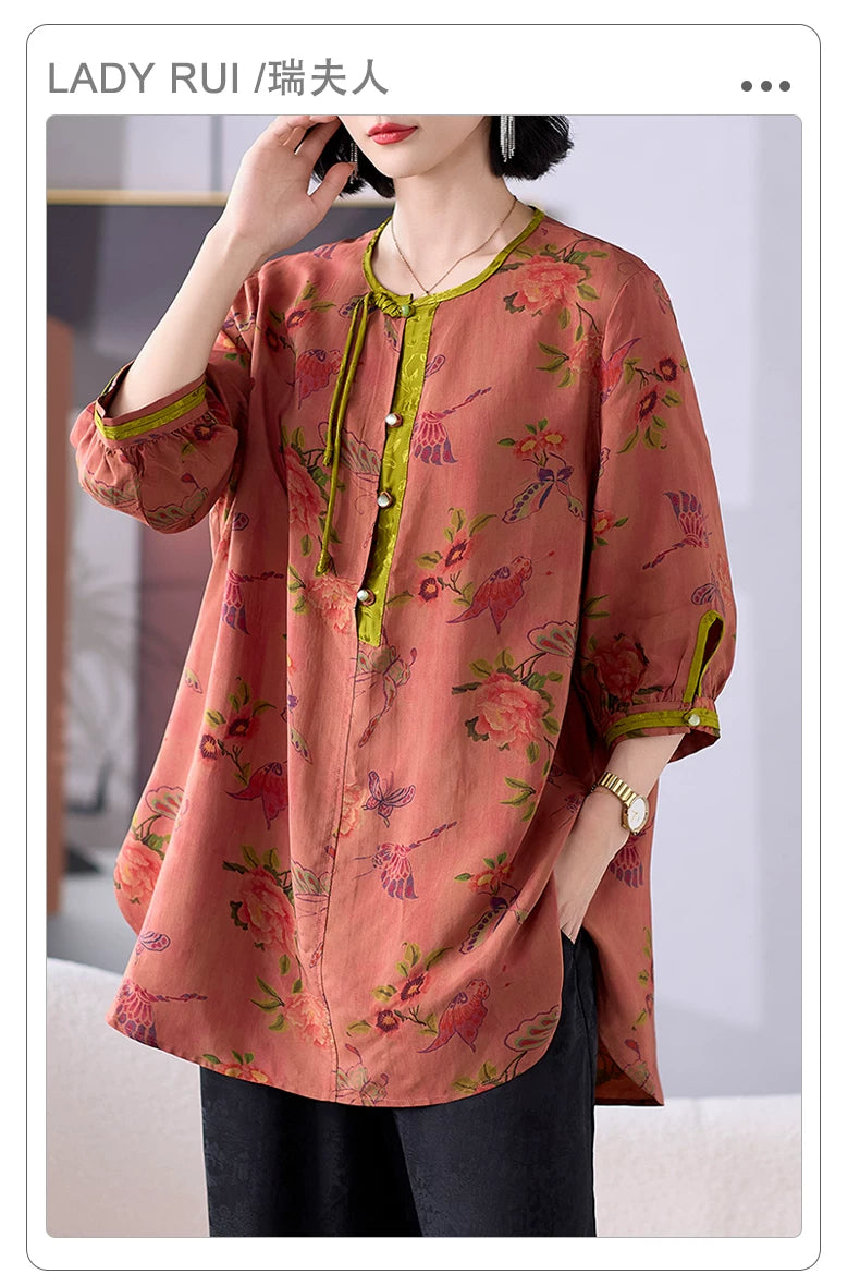 Viscose Blouse with Floral Print & Contrast Trim