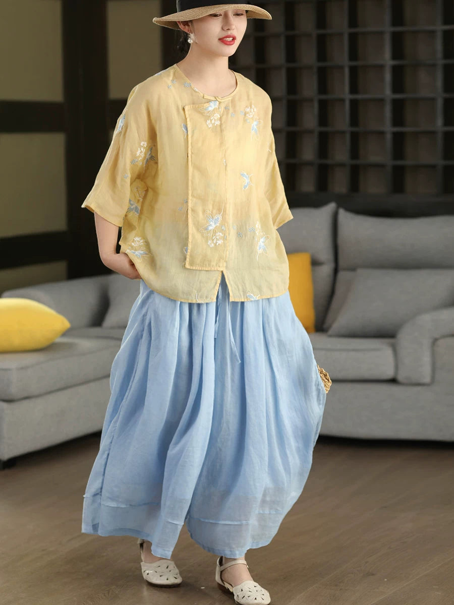 100% Ramie Top with Floral Embroidery & Knot Detail