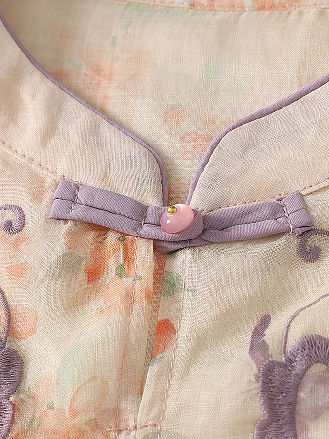 Linen-Look Mandarin Collar Top with Butterfly Embroidery