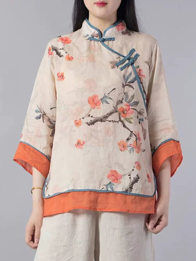 Floral Print Cotton Linen Three Quarter Sleeve Shirt