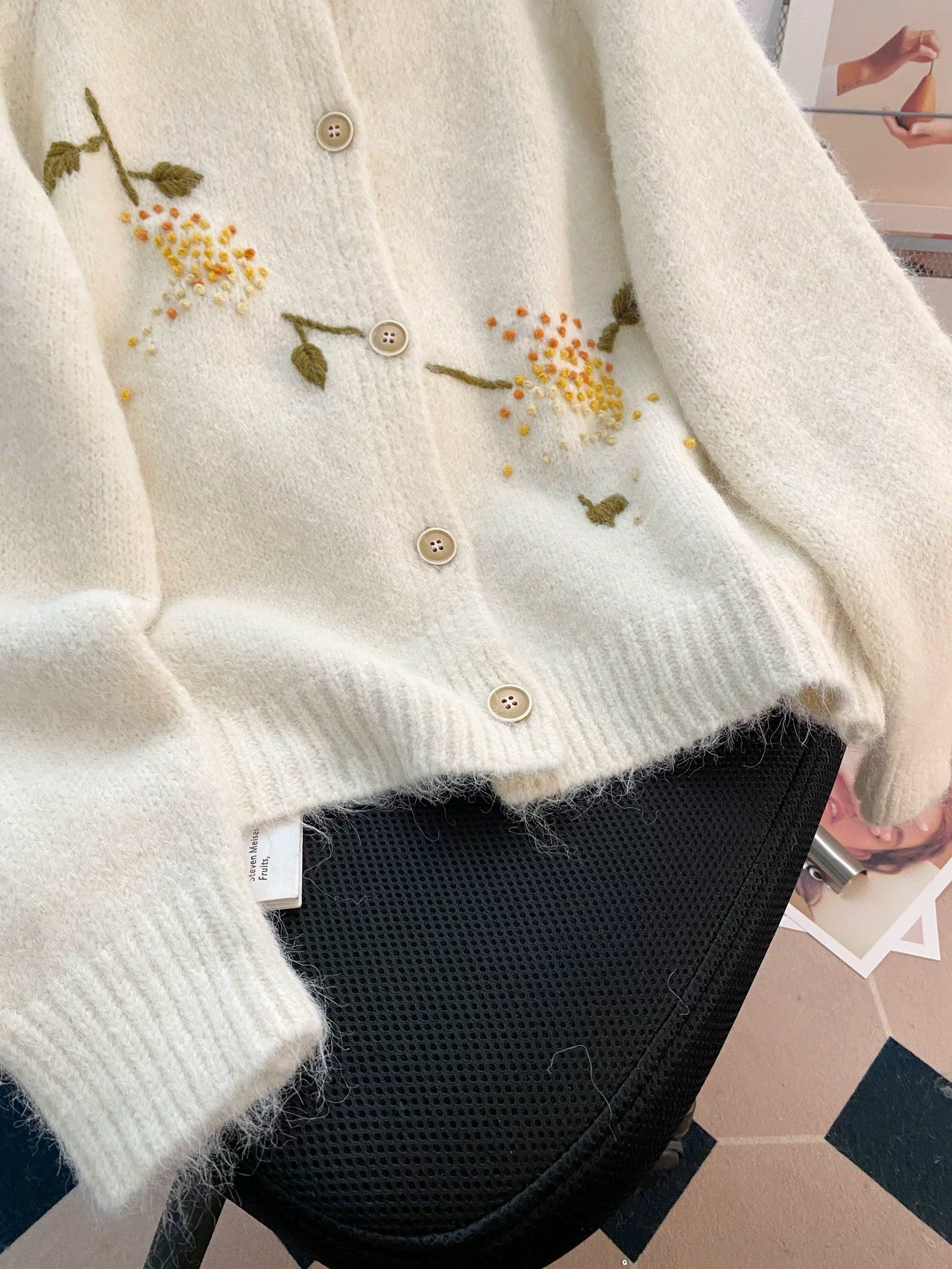 Hand-Embroidered Floral Fuzzy Knit Cardigan