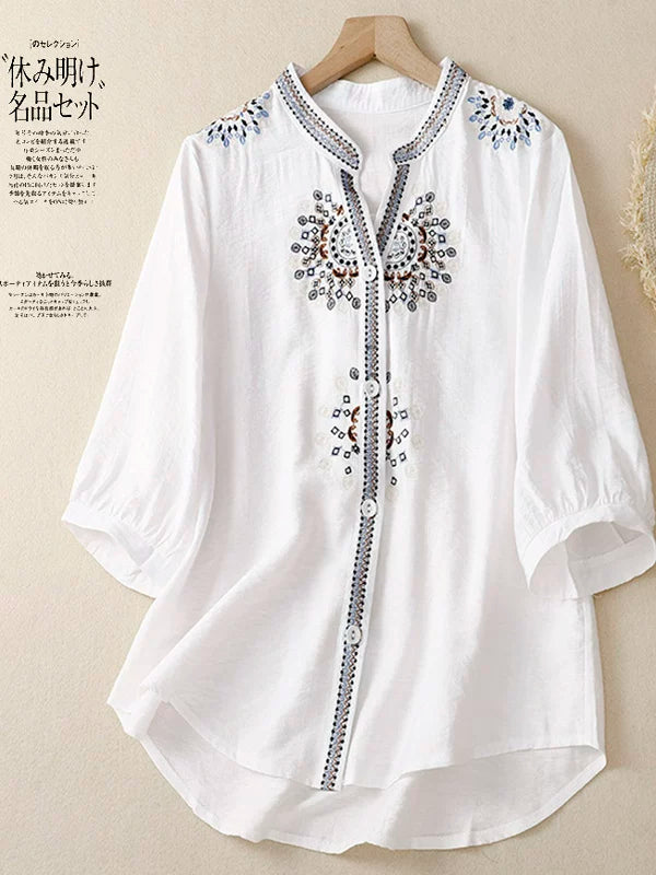 Embroidered Three Quarter Sleeve Shirt, Cotton Linen