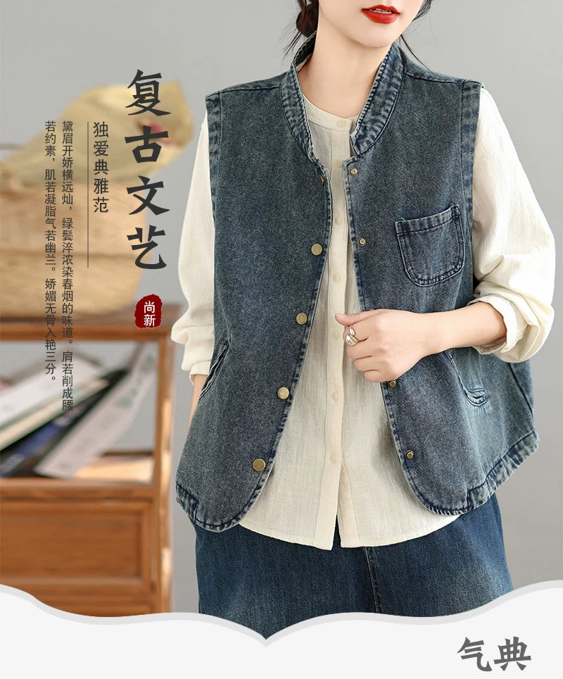 Distressed Washed Denim Vest for Women