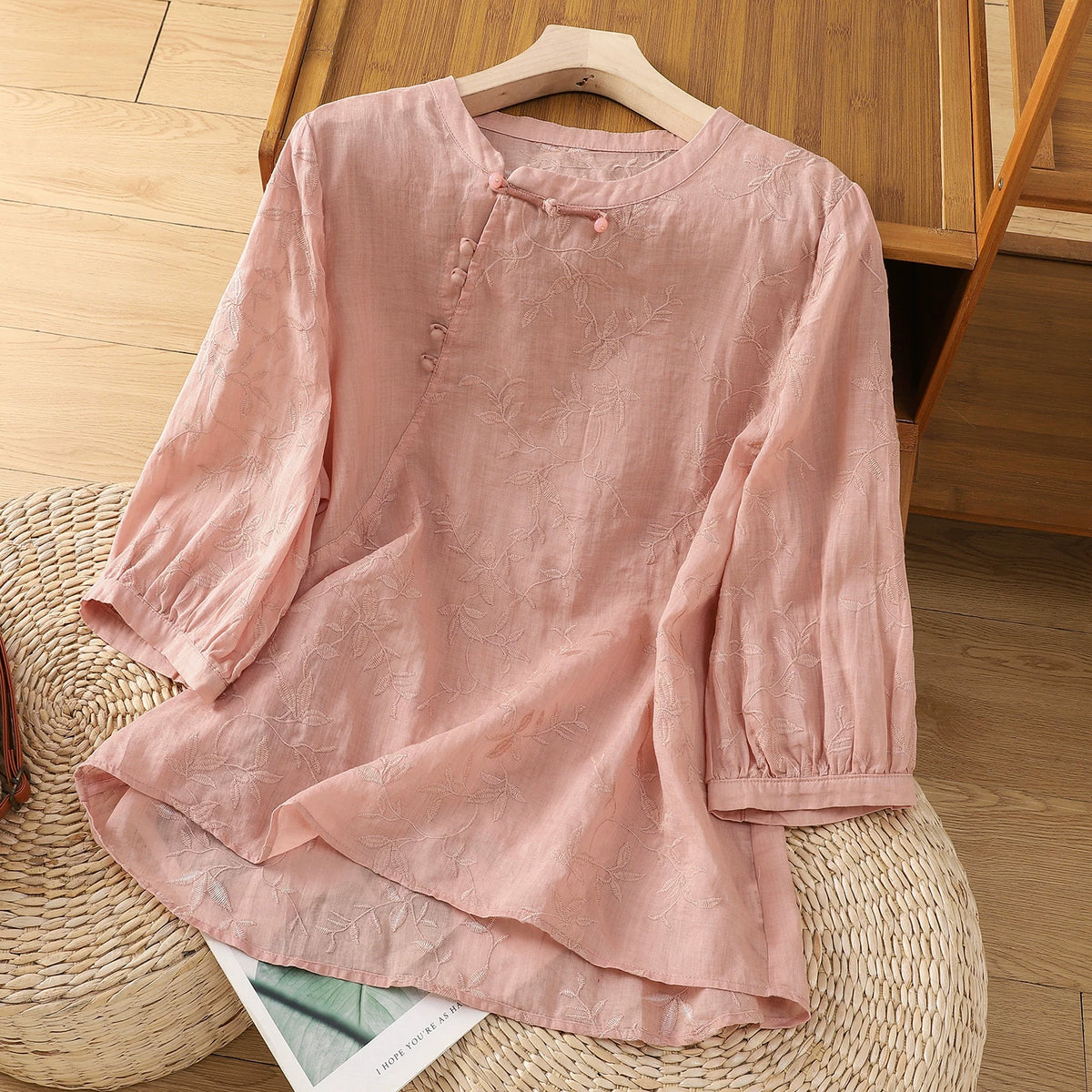 Embroidered Botanical Vine Cotton Linen Three Quarter Sleeve Shirt