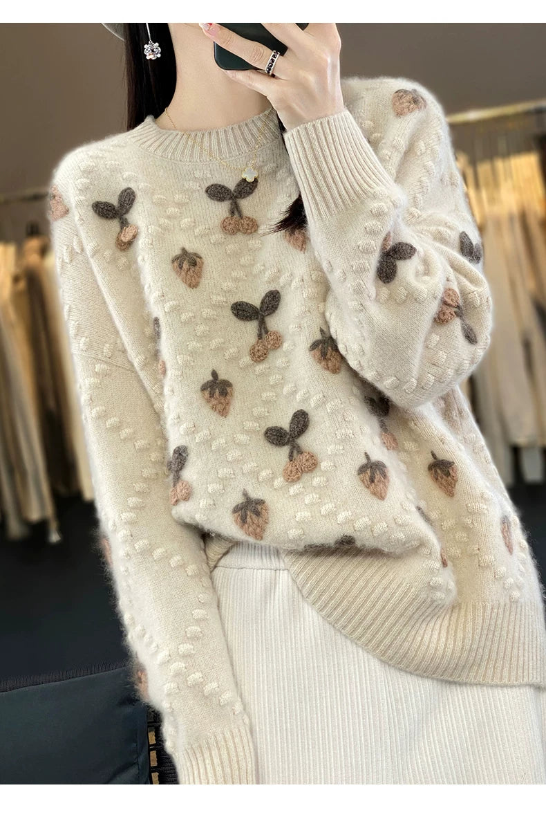 Cherry Motif Knit Sweater - Relaxed Pullover