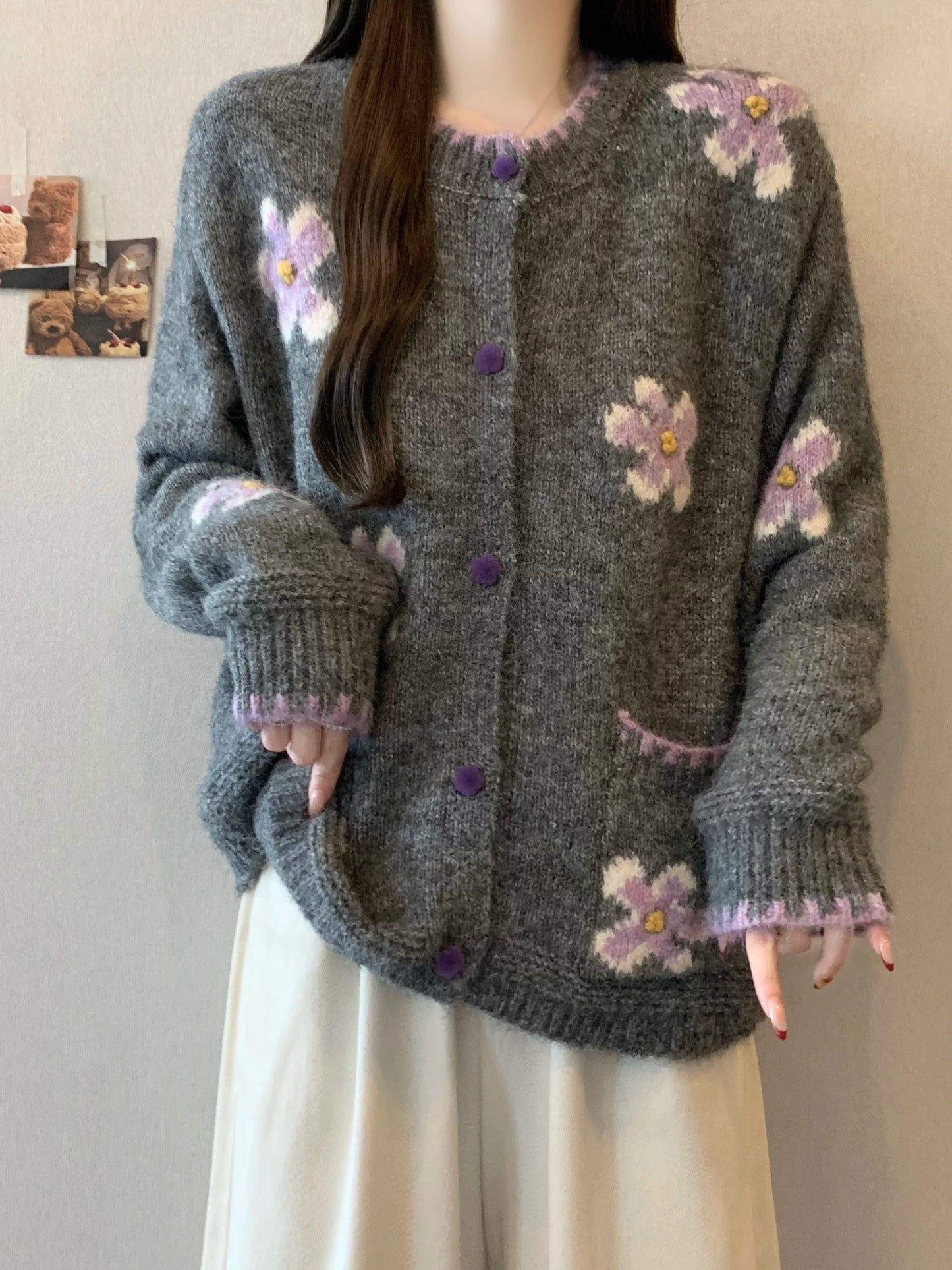 Gray Floral Embroidered Knit Cardigan Sweater