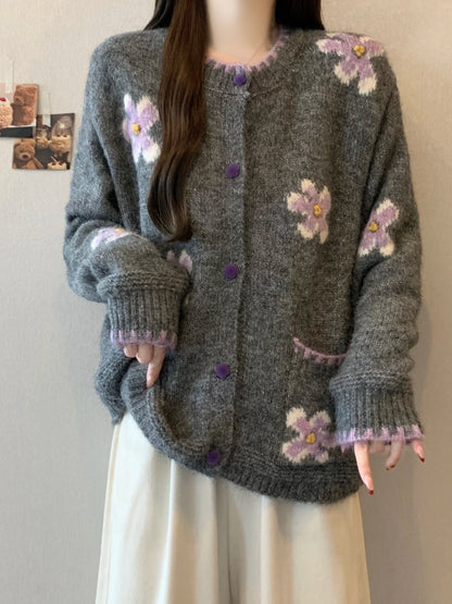 Gray Floral Embroidered Knit Cardigan Sweater