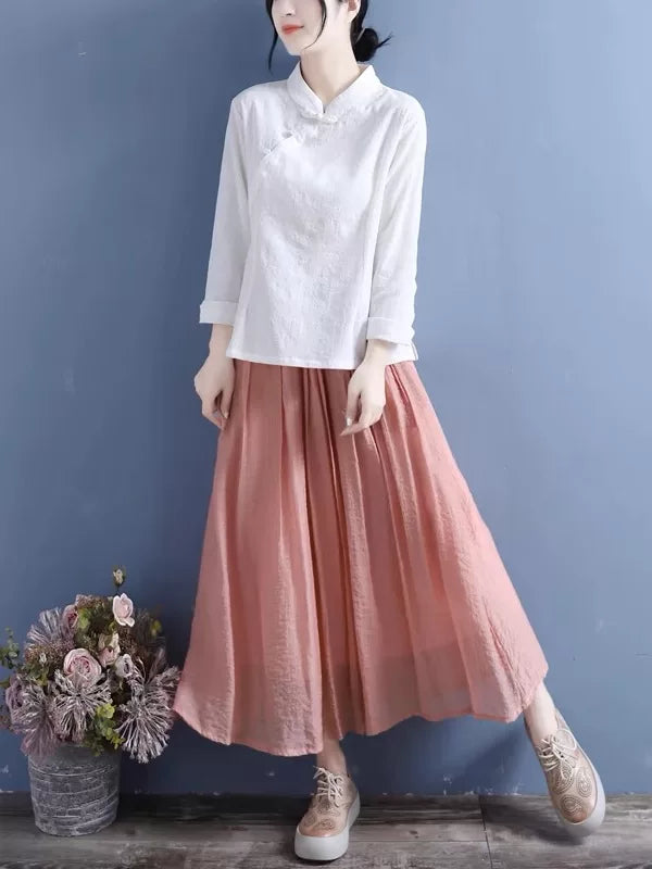 Cotton Linen Long Sleeve Shirt with Decorative Knot Detail