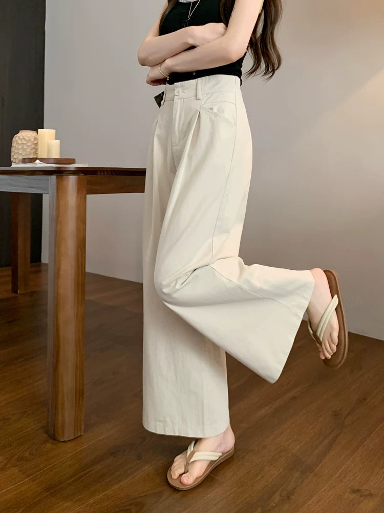 Wide-Leg Pleated Pants in Linen-Look Texture