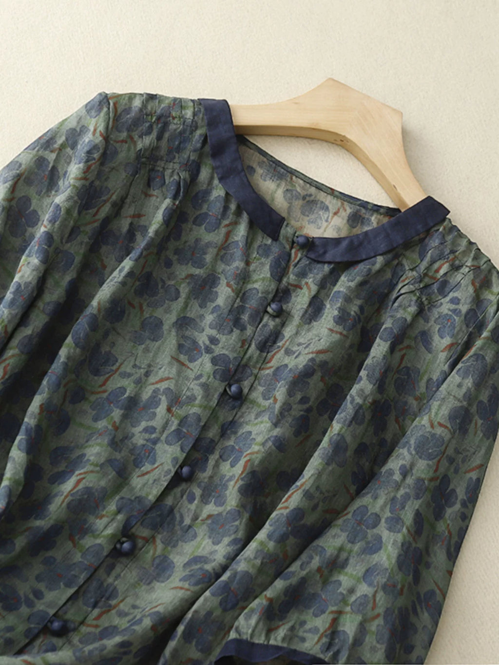 Floral Print Cotton Linen Three Quarter Sleeve Shirt