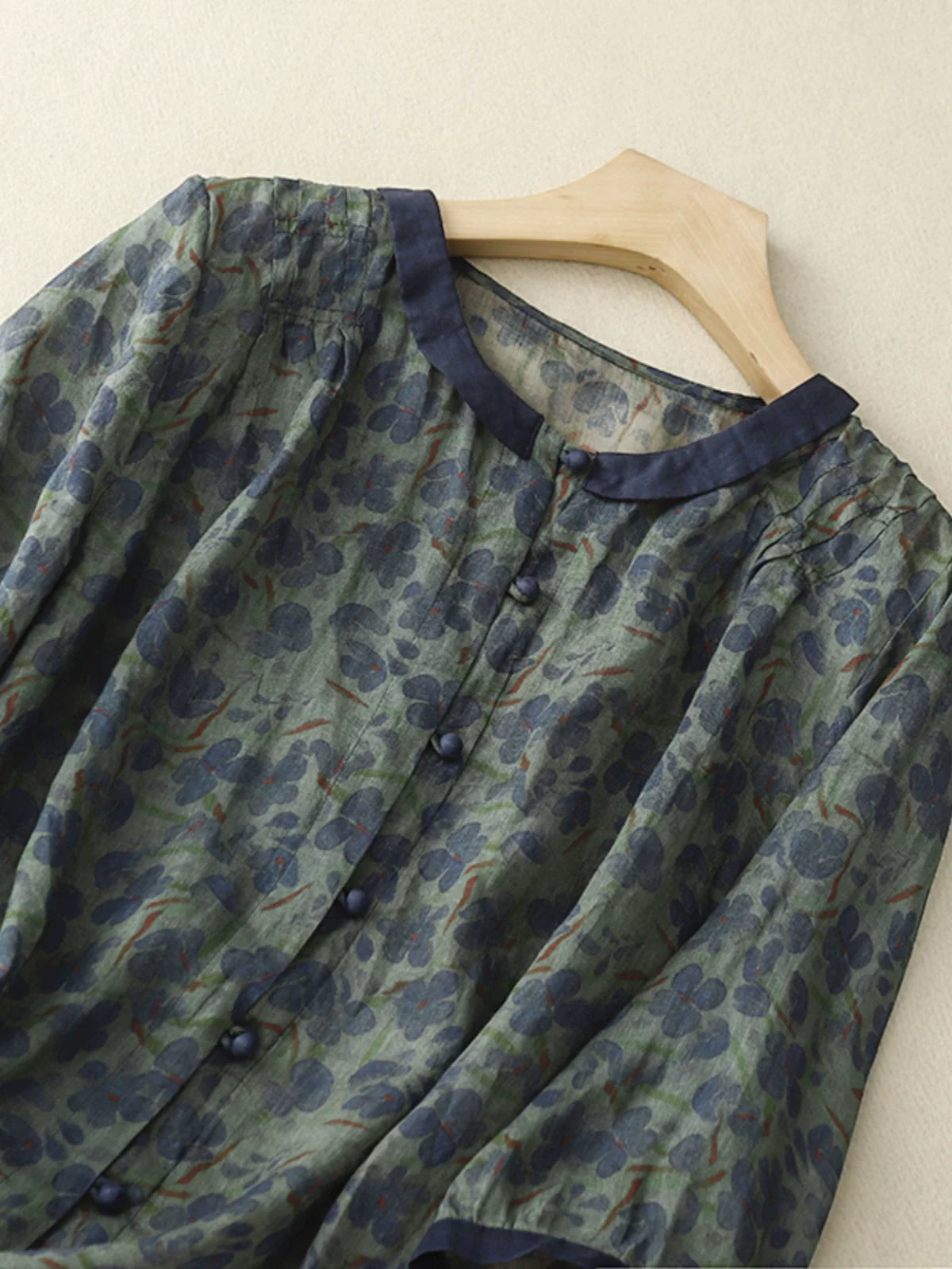 Floral Print Cotton Linen Three Quarter Sleeve Shirt