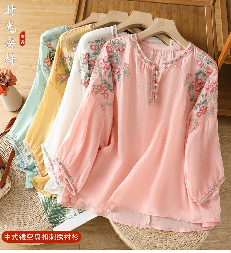 Embroidered Floral Top in Linen-Look Textured Fabric