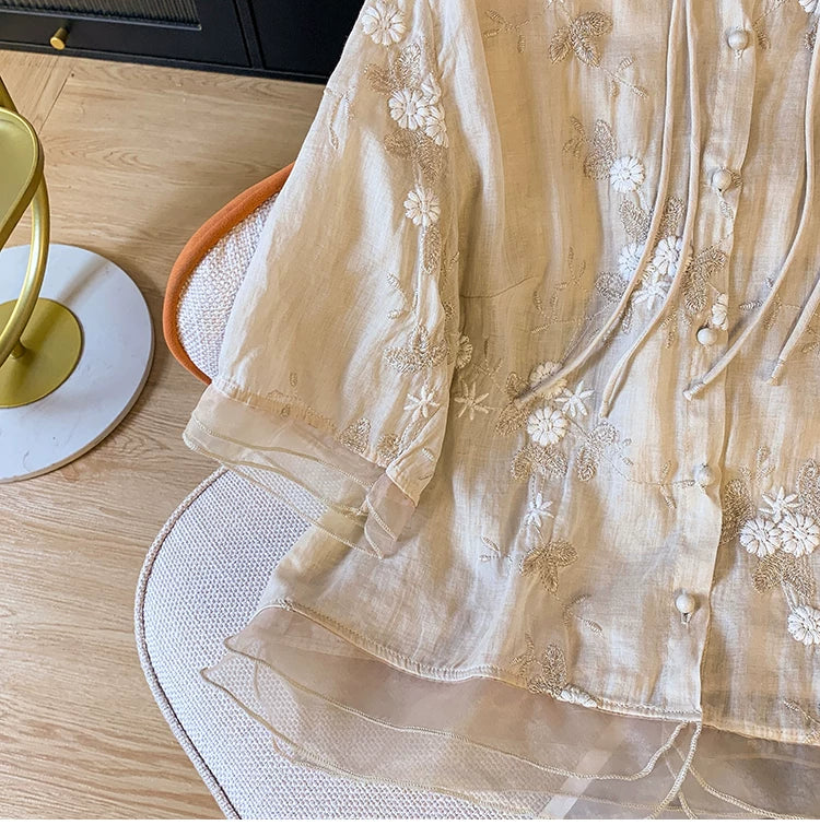 Embroidered Top with Organza Overlay & Button Front