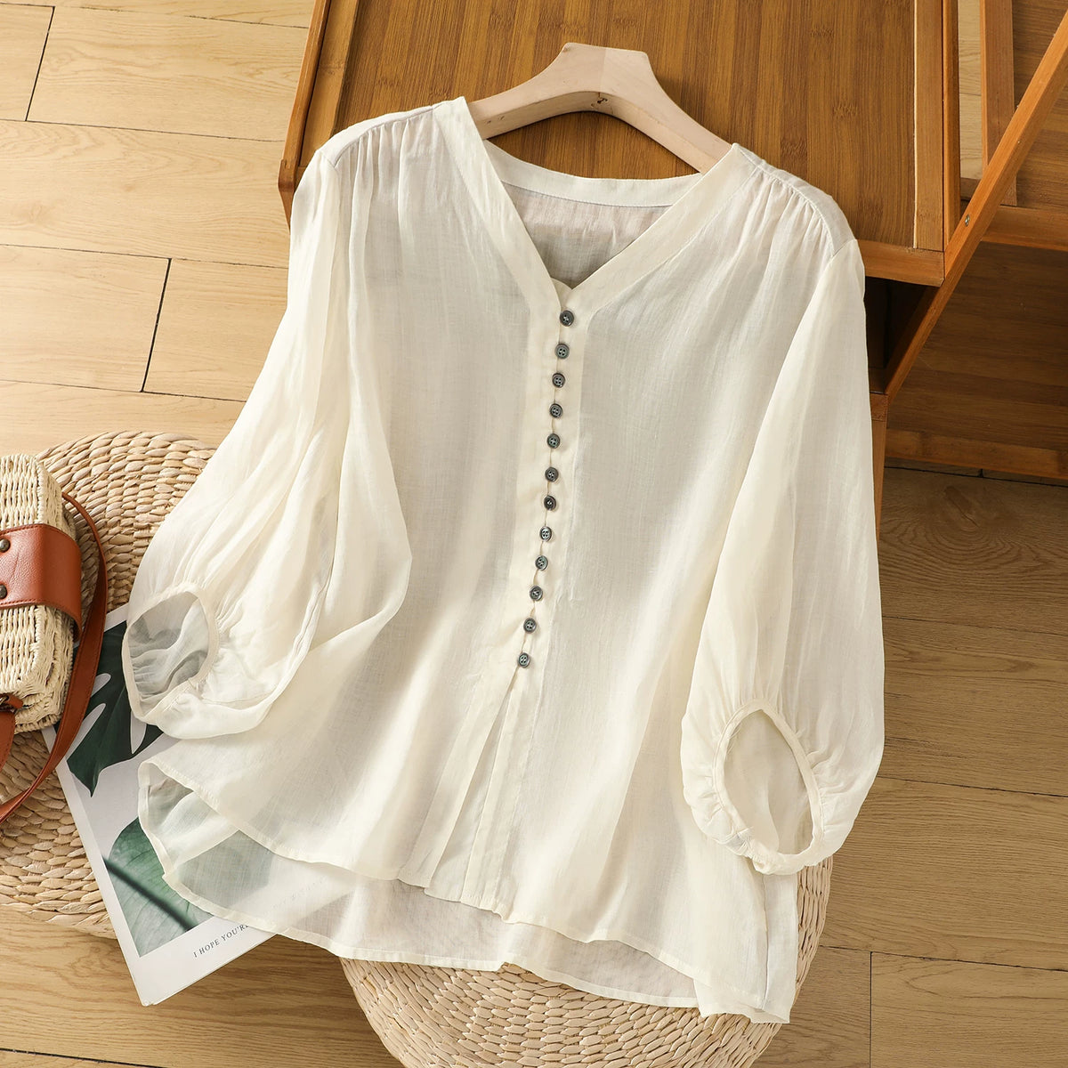 Cotton Linen V-Neck Long Sleeve Shirt with Lantern Sleeves