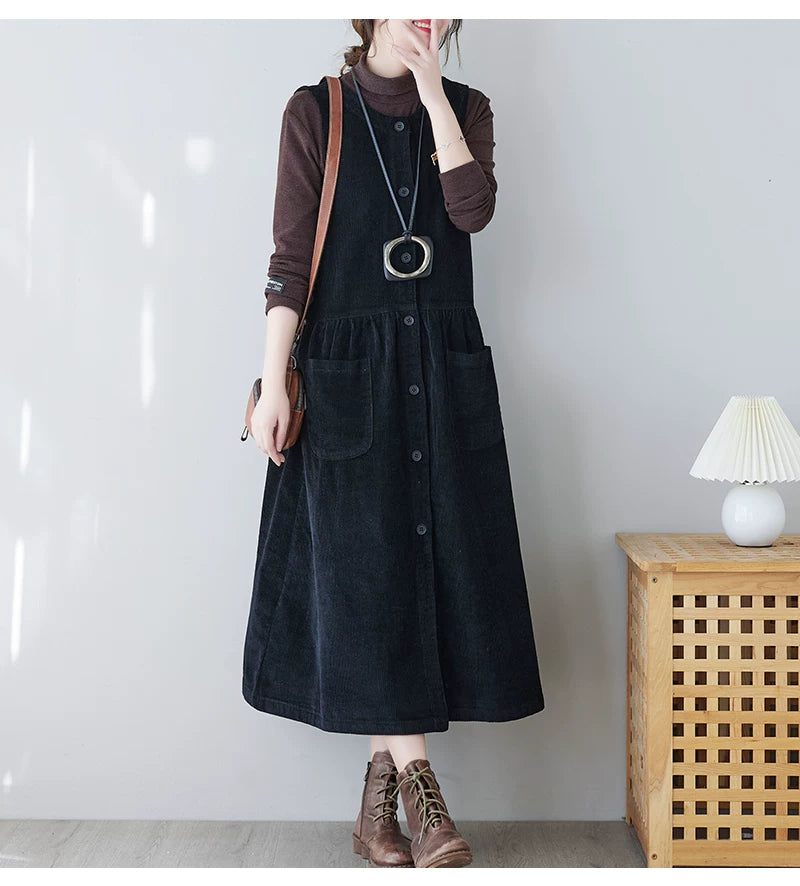 Corduroy Midi Dress with Patch Pockets & Button Front