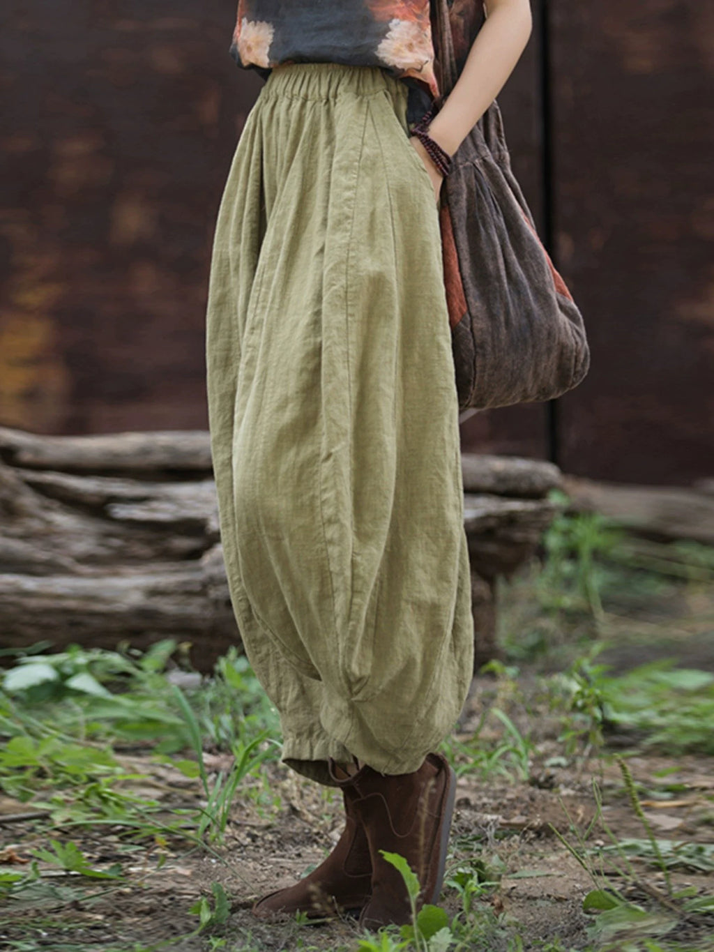 Balloon-Leg Pants in Linen-Look Textured Fabric