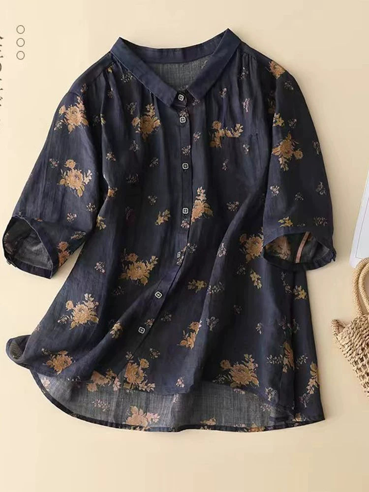Floral Print Cotton Linen Three Quarter Sleeve Shirt