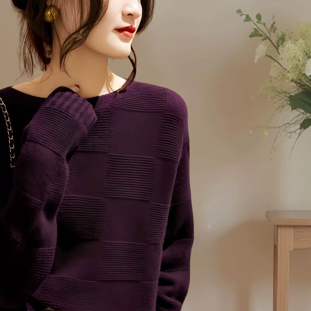Relaxed Checkerboard Knit Top in Deep Purple