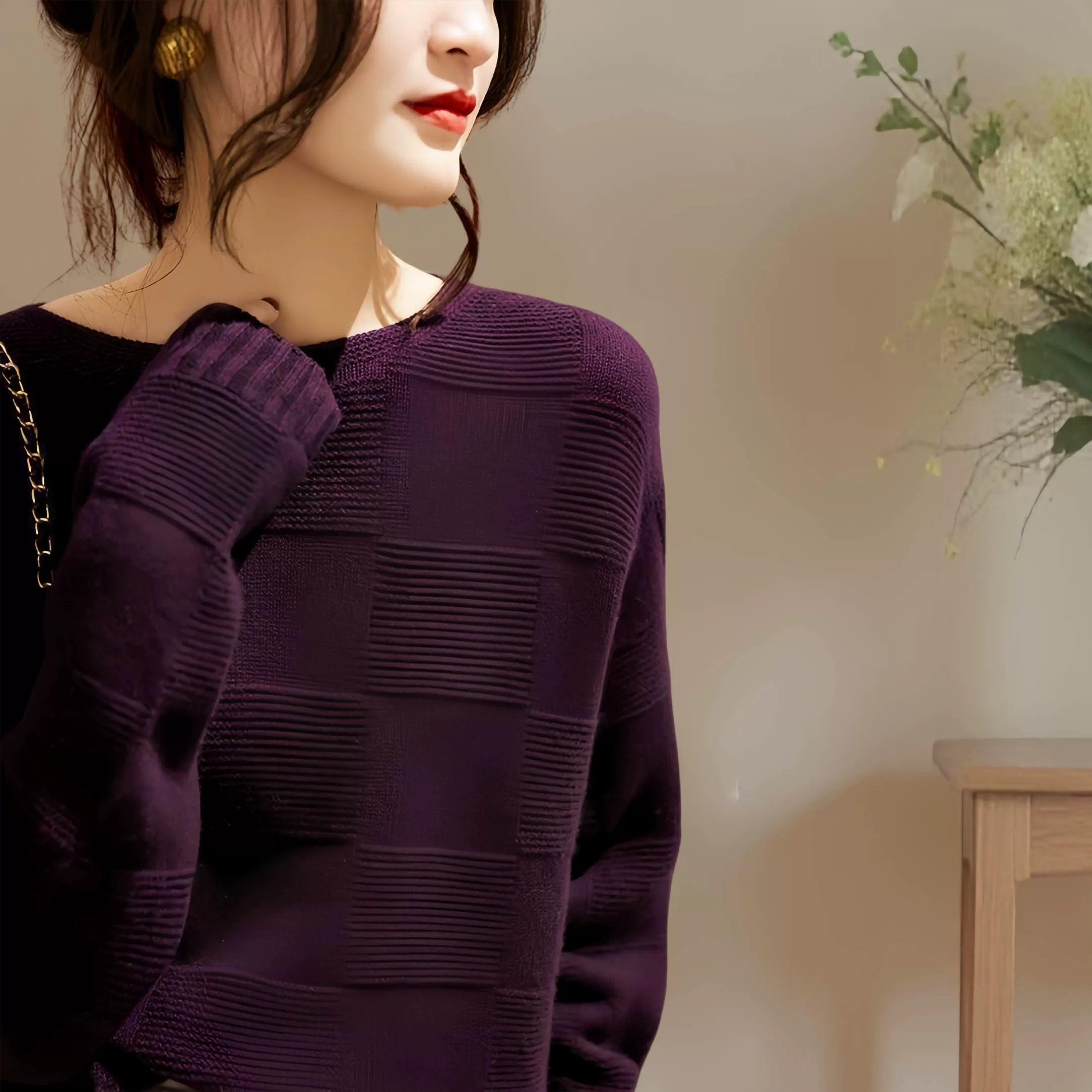 Relaxed Checkerboard Knit Top in Deep Purple