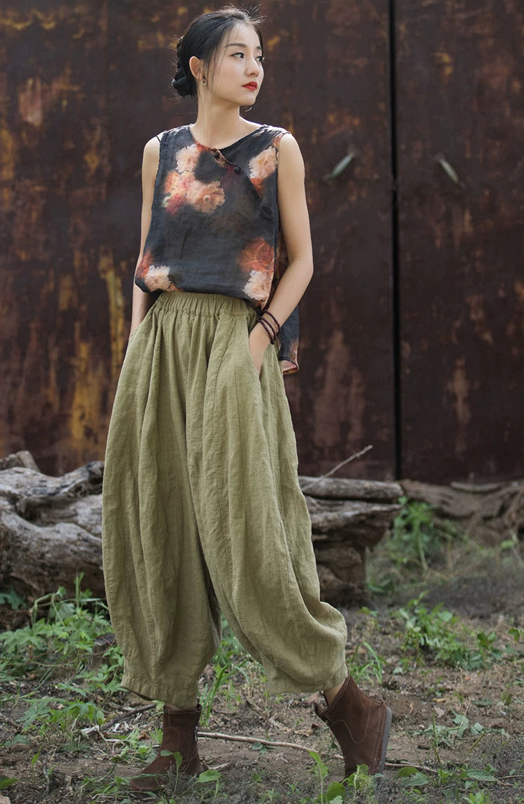 Balloon-Leg Pants in Linen-Look Textured Fabric