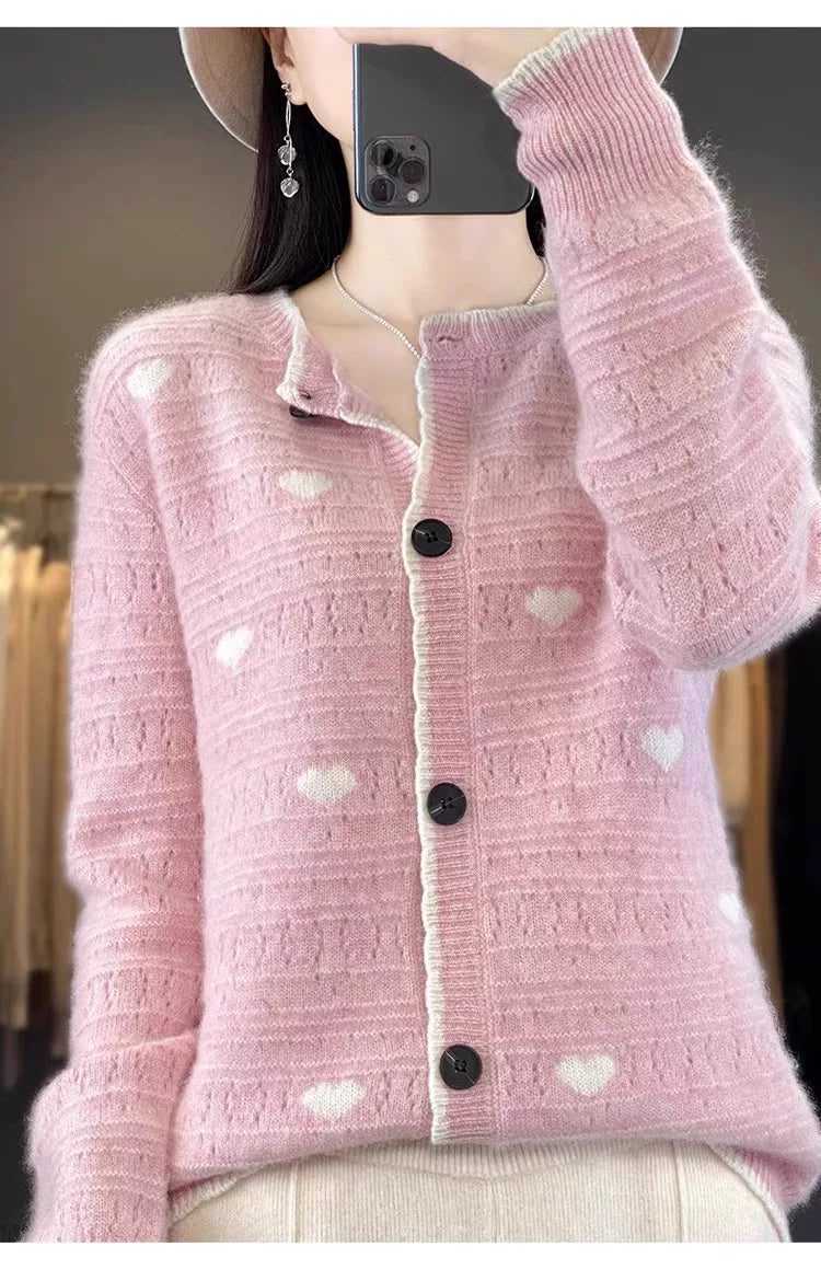 Heart-Motif Wool-Like Knit Cardigan, Relaxed Hip-Length