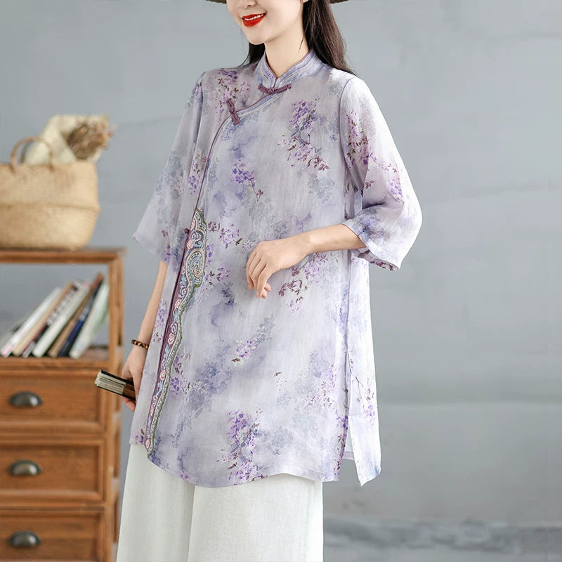 Linen-Look Floral Tunic with Chinese-Style Stand Collar