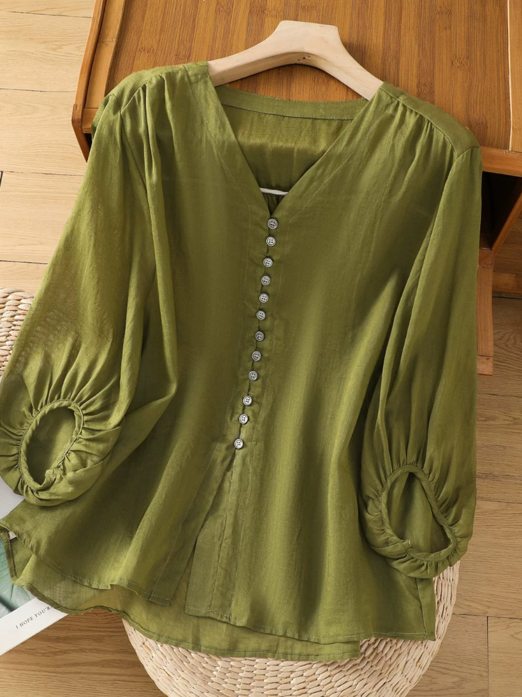 Cotton Linen V-Neck Long Sleeve Shirt with Lantern Sleeves