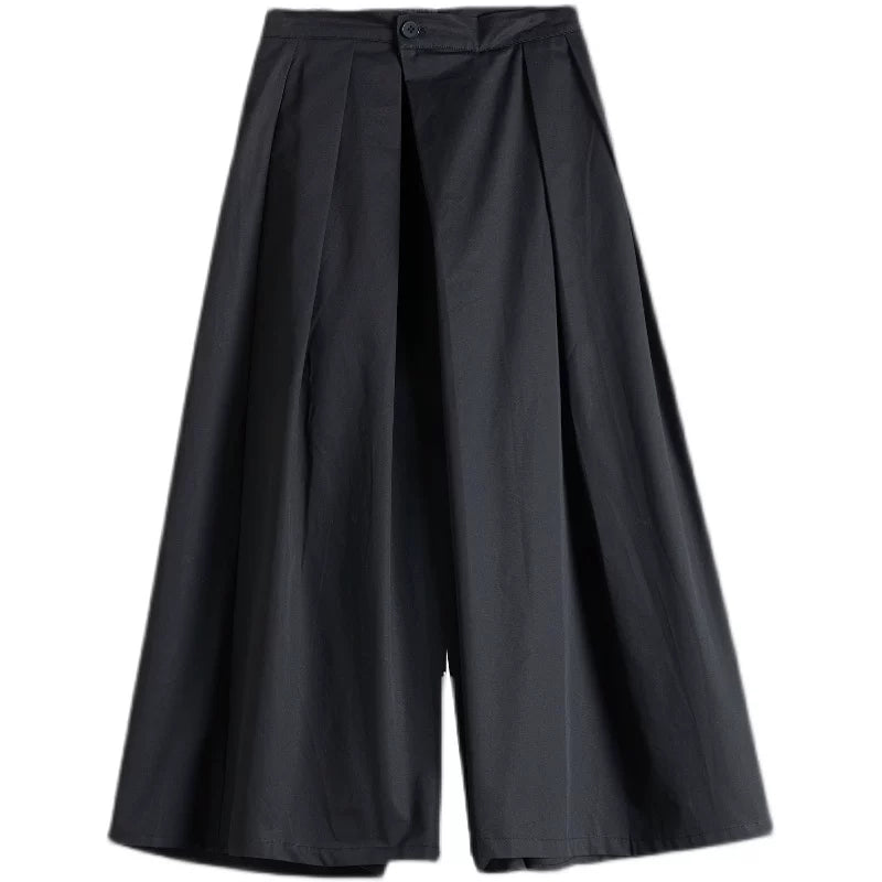 Black Wide-Leg Pants with Front Overlap & Textured Woven Fabric