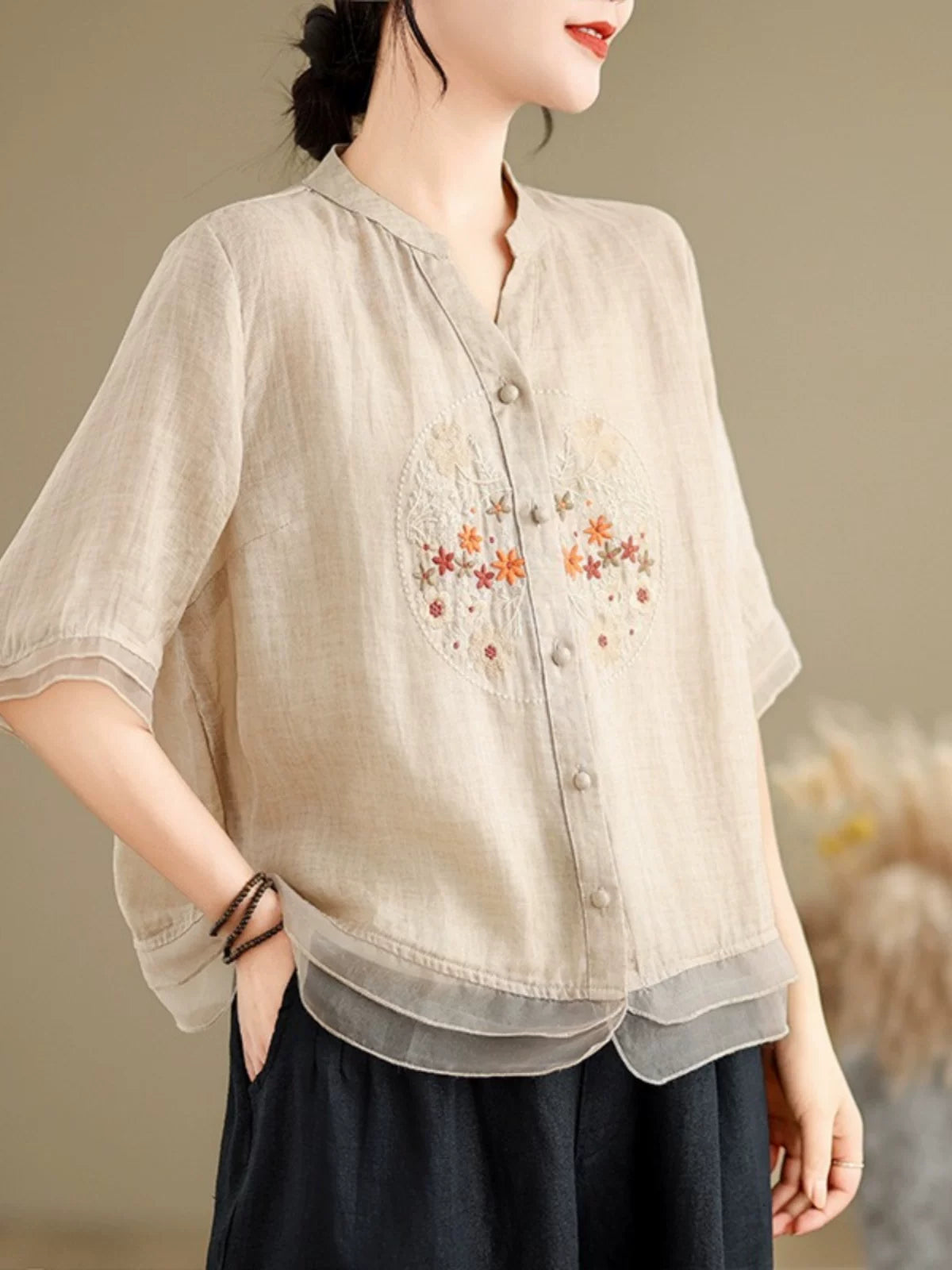 Embroidered Cotton Linen Half Sleeve Shirt with Organza Hem