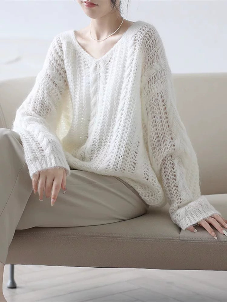 Oversized Mohair-Blend Knit Top with Openwork Cable Detail