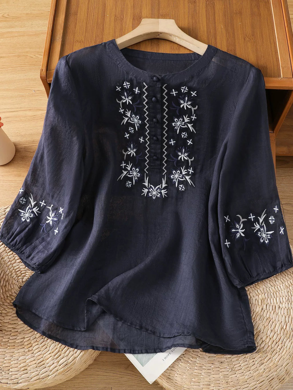 Embroidered Blouse with Elbow-Length Sleeves